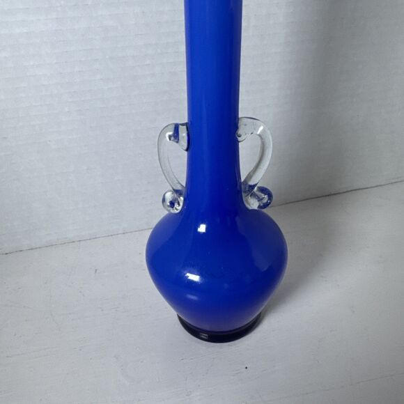 12” Tall 1950’s Handled Blue Glass Bud Vase Clear Handles White Interior - Picture 3 of 9